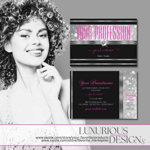 Black and Silver Glitter Stars Diamonds Pink Font  Business Card