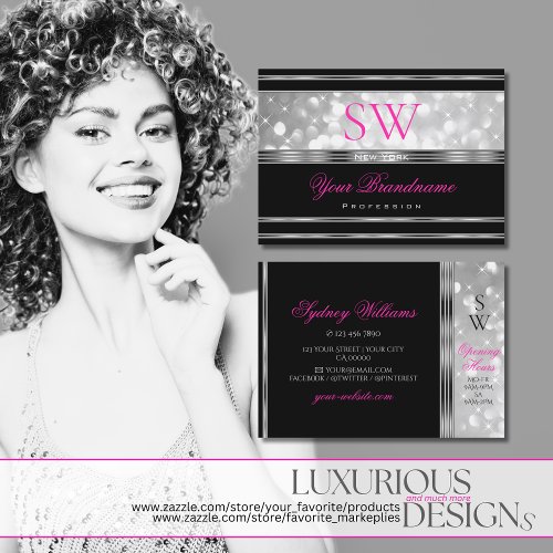 Black and Silver Glitter Stars Pink Font Initials Business Card