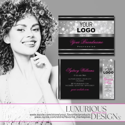 Black and Silver Glitter Stars Pink Font with Logo Business Card