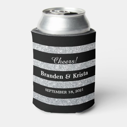 Black and Silver Glitter Stripes  Wedding Can Cooler