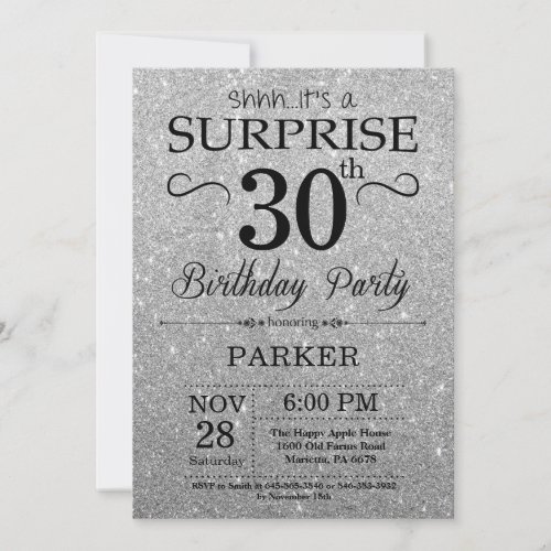 Black and Silver Glitter Surprise 30th Birthday