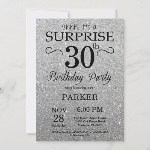 Black and Silver Glitter Surprise 30th Birthday Invitation