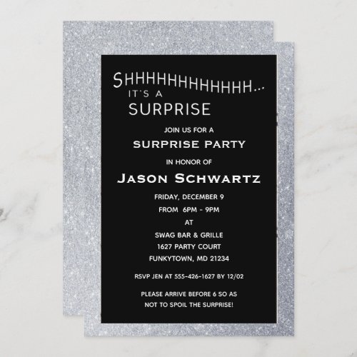 Black and Silver Glitter Surprise Party Birthday Invitation