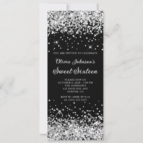 Black and Silver Glitter Sweet Sixteen Invitation
