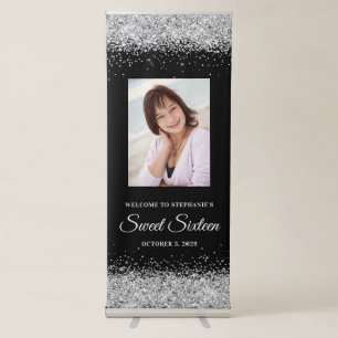 Black and Silver Glitter Sweet Sixteen Welcome Retractable Banner
