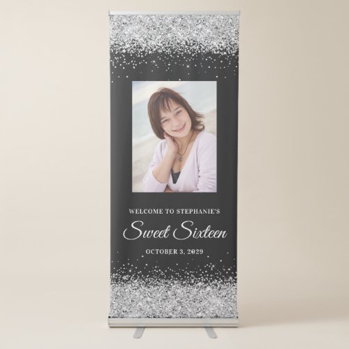 Black and Silver Glitter Sweet Sixteen Welcome Retractable Banner