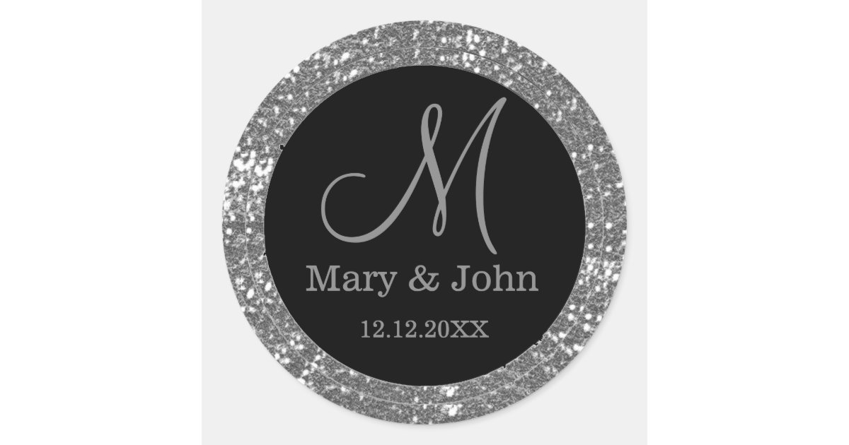 Black And Silver Glitter Wedding Monogram Classic Round Sticker | Zazzle