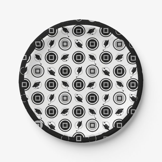 Black and Silver Graduation Cap Pattern Paper Plates (Front)