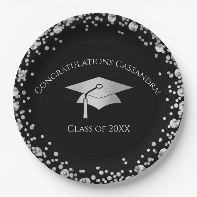 Black and Silver Graduation Paper Plates (Front)