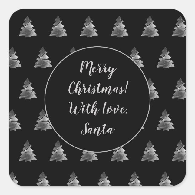 Black and Silver Gray Christmas Tree Pattern Square Sticker (Front)