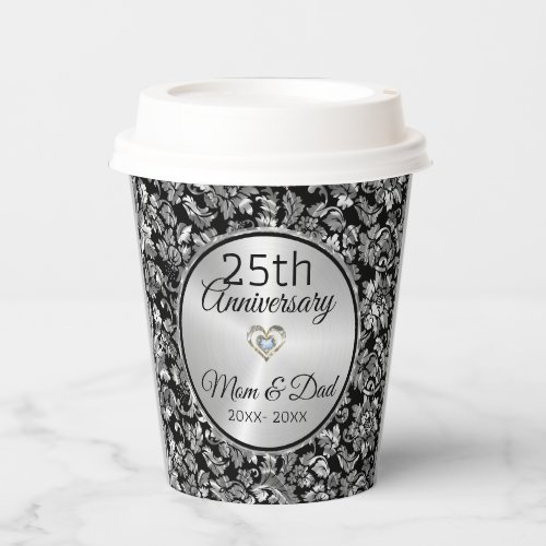 Black And Silver Gray Damask 25th Anniversary Pape Paper Cups