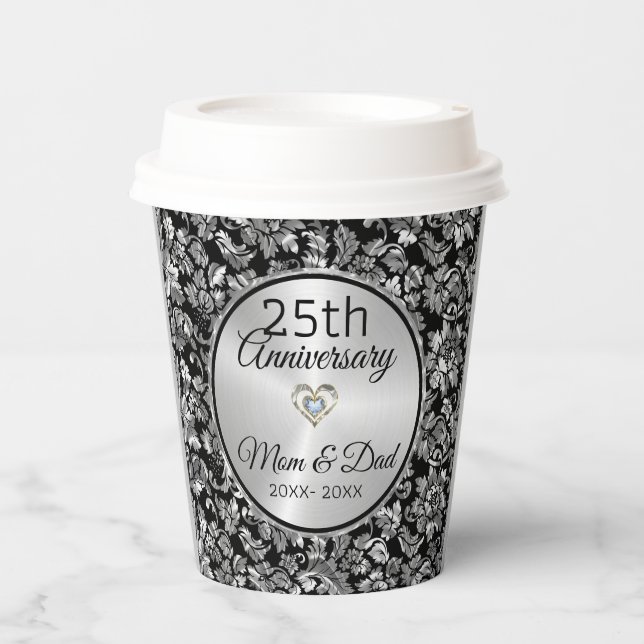 Black And Silver Gray Damask 25th Anniversary Pape Paper Cups (Front)