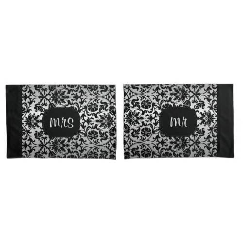 Black and Silver Gray Damask Floral Pattern Pillow Case