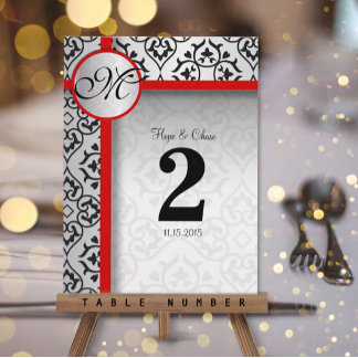 Black and Silver Gray Damask Red Trim Table Number