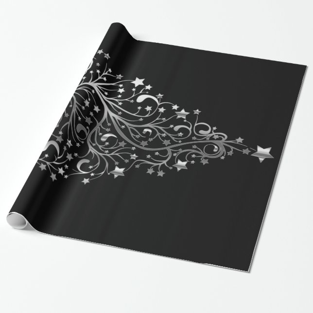 Black and Silver Gray Elegant Christmas Tree Stars Wrapping Paper (Unrolled)