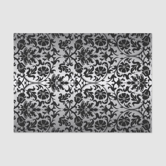 Black and Silver Gray Floral Damask Tissue Paper (Front)