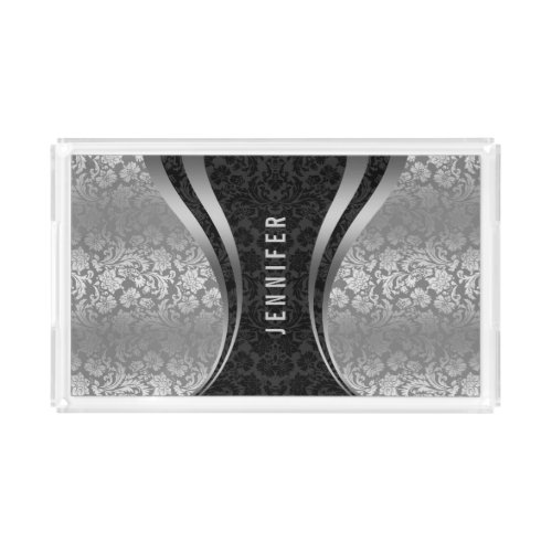 Black And Silver Gray Floral Damasks Acrylic Tray