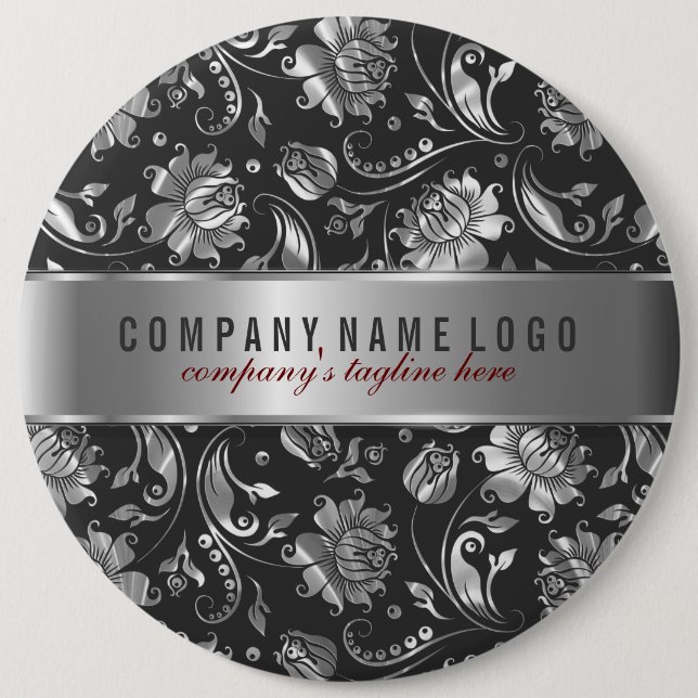 Black And Silver-Gray Floral Damasks Button (Front)