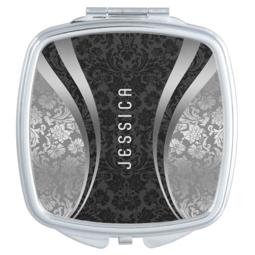 Black And Silver Gray Floral Damasks Makeup Mirror