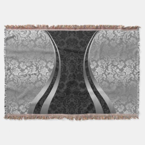 Black And Silver Gray Floral Damasks Throw Blanket