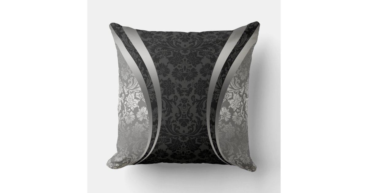 Black And Silver Gray Floral Damasks Throw Pillow Zazzle