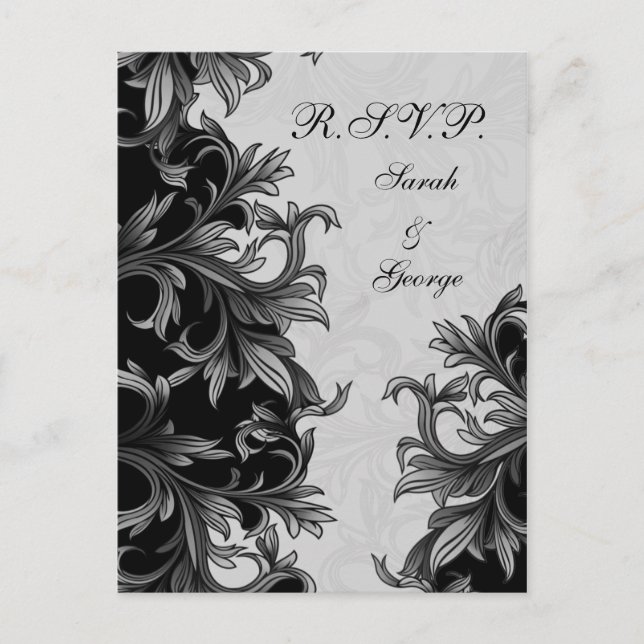 black and Silver Gray Flourish Wedding Invitation Postcard (Front)