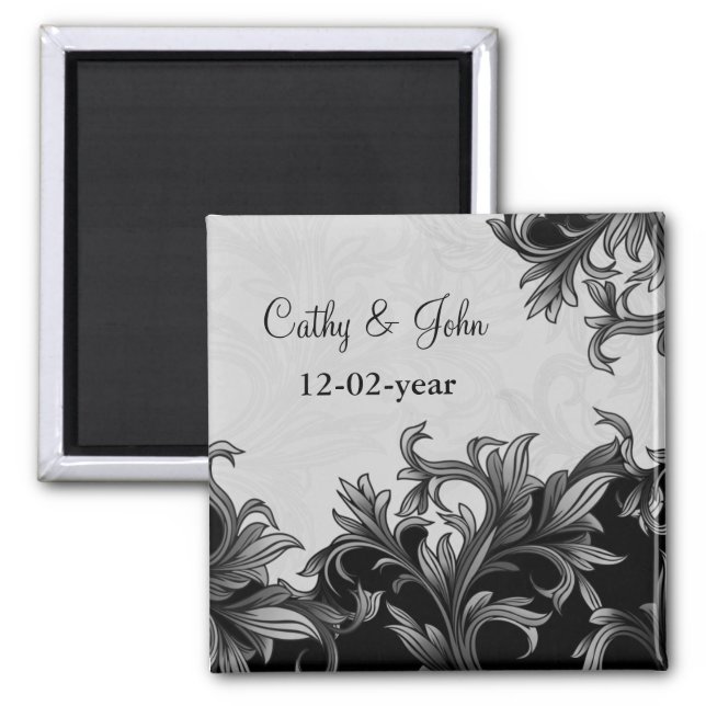 black and Silver Gray Flourish Wedding Magnet (Front)