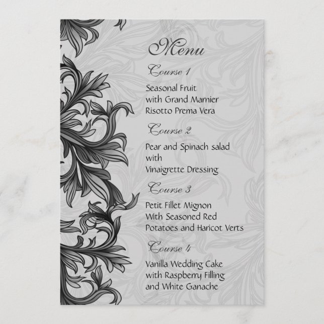 black and Silver Gray Flourish Wedding Menu (Front)