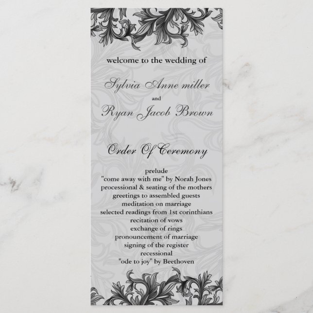 black and Silver Gray Flourish Wedding Program (Front)