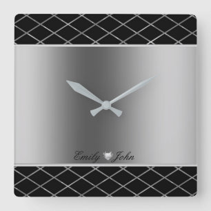 Black And Silver Gray Geometric Design Square Wall Clock