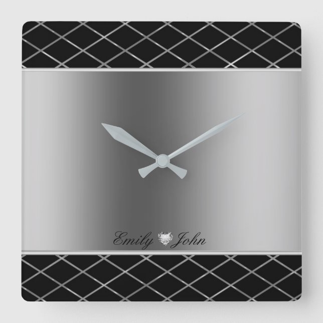 Black And Silver Gray Geometric Design Square Wall Clock (Front)