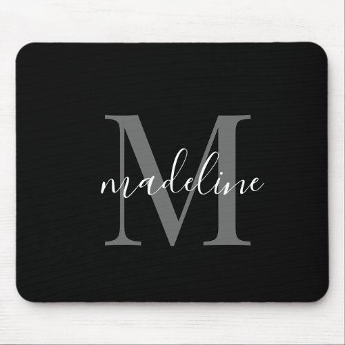Black and Silver Gray Monogram Script Name Mouse Pad