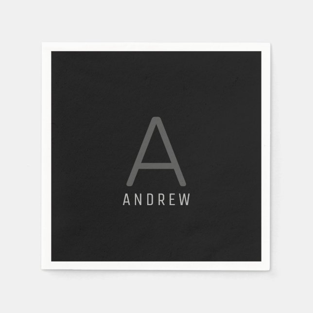 Black and Silver Gray Personalized Monogram Name Napkins (Front)