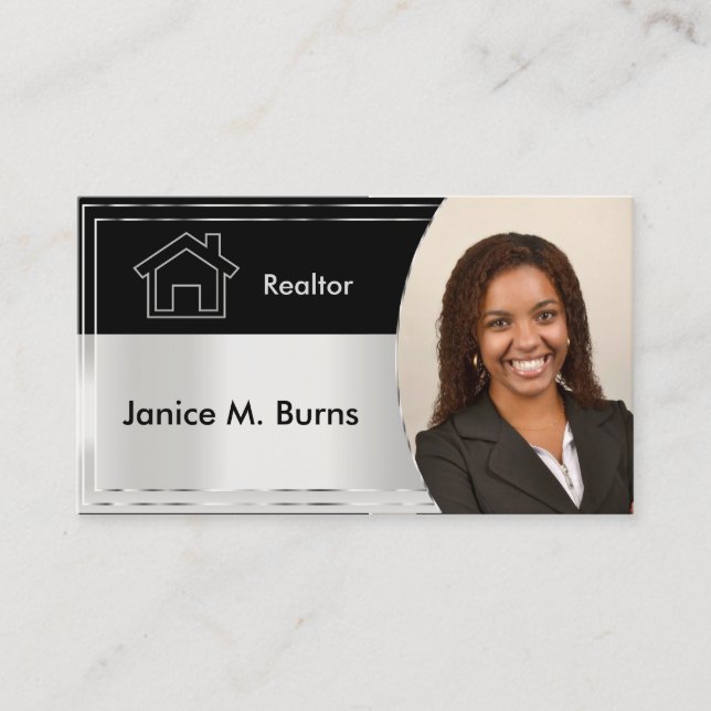 Black and Silver Gray Realtor Photo Design Business Card (Front)