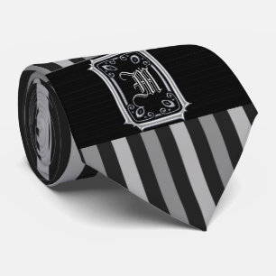 Black and Silver Gray Stripes Buckle Monogram Neck Tie