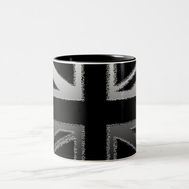 Black and Silver Gray Union jack Flag Two-Tone Coffee Mug (Center)