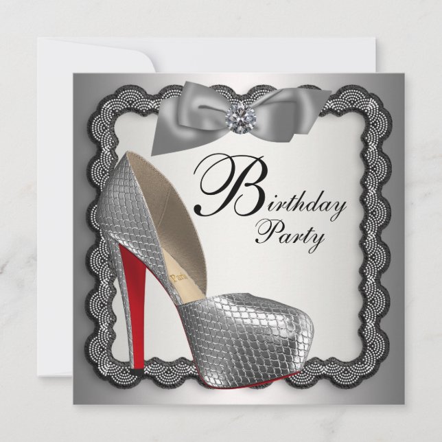Black and Silver High Heel Shoe Birthday Party Invitation (Front)