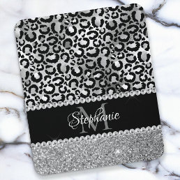 Black and Silver Leopard Girly Glam Monogram Mouse Pad