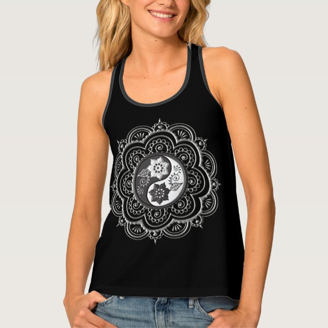 Black and Silver Mandala Black Background Tank Top (Front)