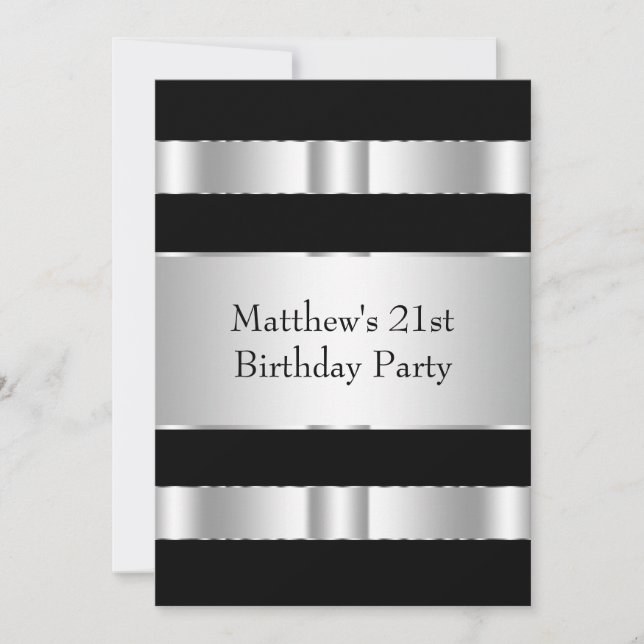 Black and Silver Mans 21st Birthday Party Invitation (Front)