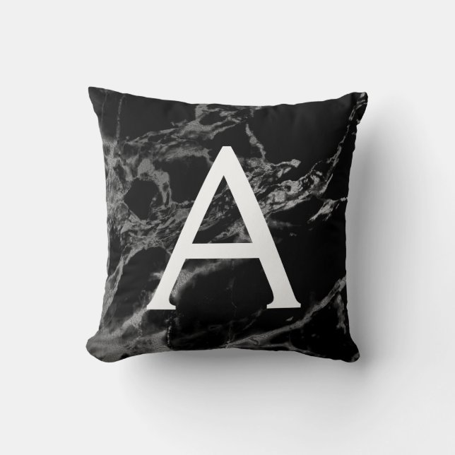 Black and Silver Marble Monogrammed Initial Throw Pillow (Front)
