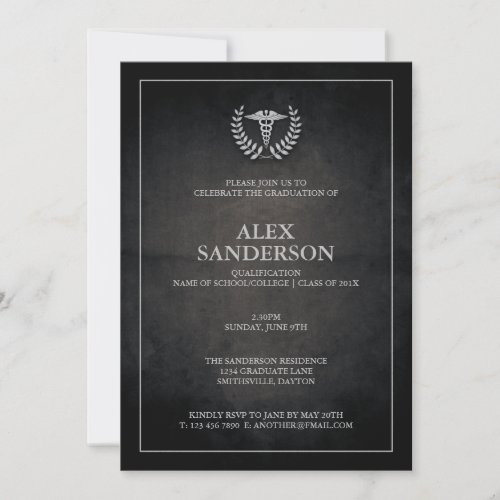 Black and Silver Medical Caduceus Graduation Invitation