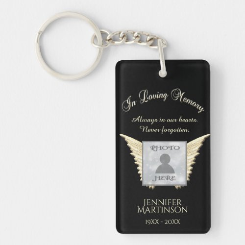 Black and Silver Memorial Angel Wings Add Photo Keychain