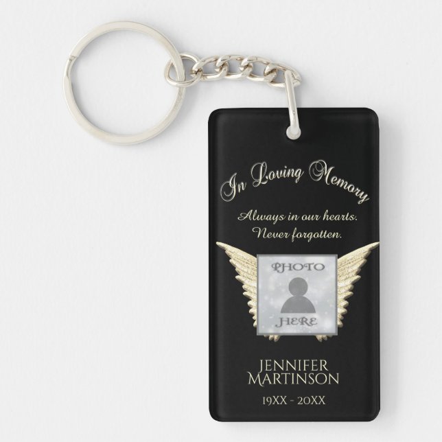 Black and Silver Memorial Angel Wings Add Photo Keychain (Front)