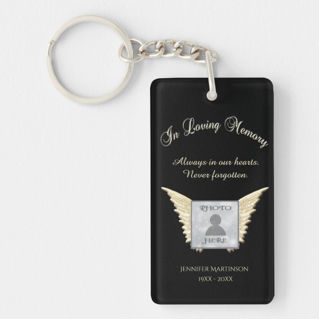 Black and Silver Memorial Angel Wings Add Photo Keychain (Front)