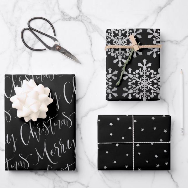 Black And Silver Merry Christmas Snowflakes Stars Wrapping Paper Sheets (Front)