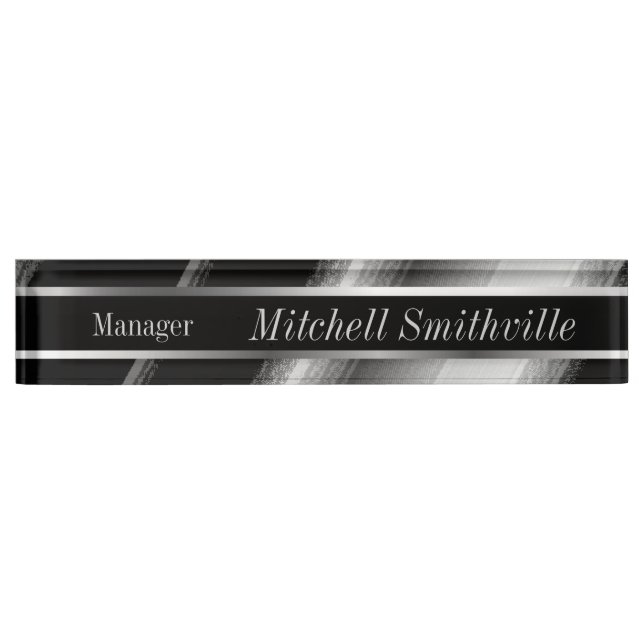 Black and Silver Metallic Diagonal Stripes Desk Name Plate (Front)