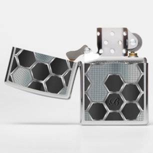 Black and silver metallic geometric design zippo lighter