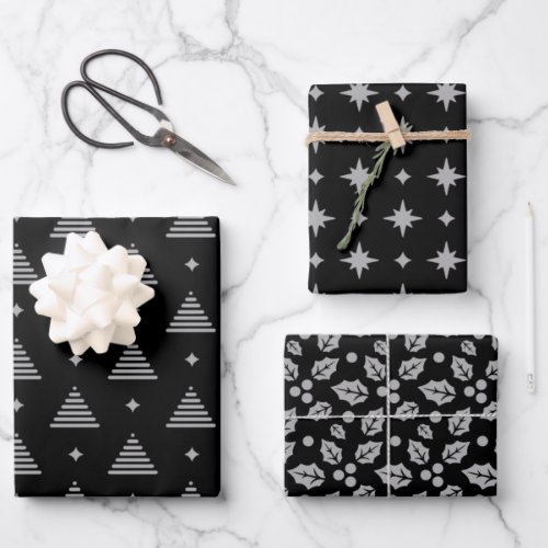 Black and Silver Modern Christmas Pattern Wrapping Paper Sheets