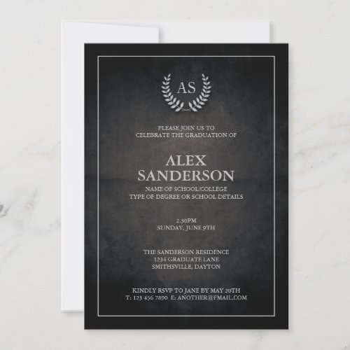 Black and Silver MonogramLaurel Wreath Graduation Invitation